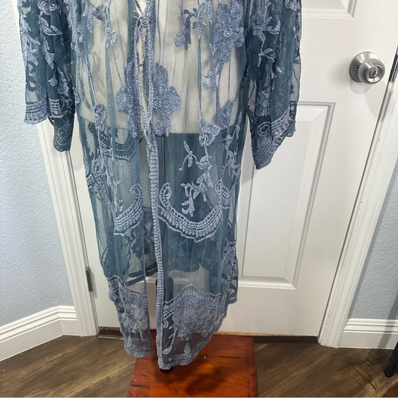 The Shabby Tree Women Blue Sheer Lace Open Front Long Kimono Cardigan Plus O/S - Picture 4 of 13